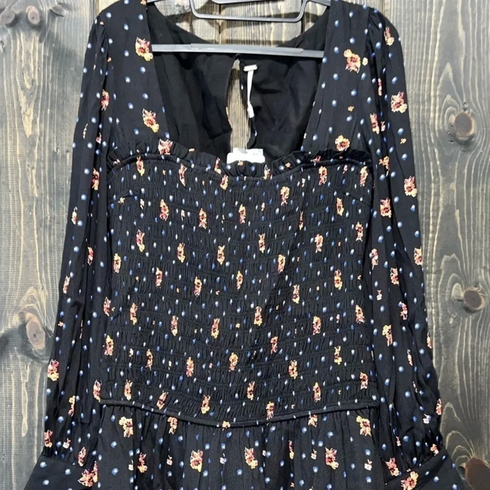 NWT Free People Mini Dress Floral Smocked Square Neck S XS Black‎ Boho